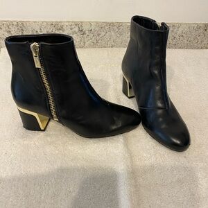 WORN ONCE DKNY Black Leather Ankle Boots with Gold Accents. SZ 6-1/2